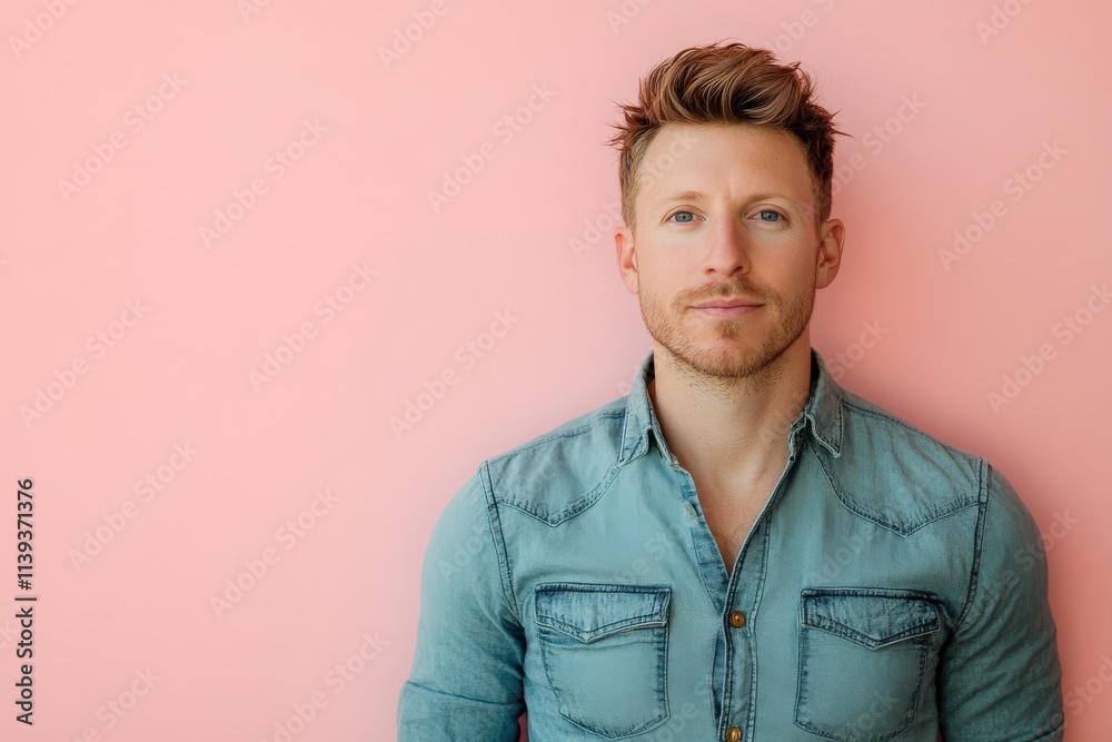Confident Young Man Posing Against a Soft Pink Background in Casual Denim Shirt Confident Young Man Posing Against a Soft Pink Background in Casual Denim Shirt