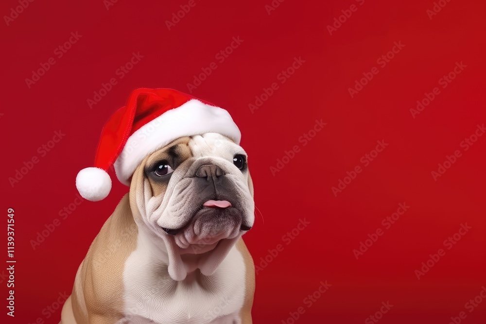 An English bulldog wearing a Santa hat, against a solid red background. The composition is simple, with a feminine, cool-toned aesthetic, ideal for holiday-themed advertisements, greeting cards An English bulldog wearing a Santa hat, against a solid red background. The composition is simple, with a feminine, cool-toned aesthetic, ideal for holiday-themed advertisements, greeting cards