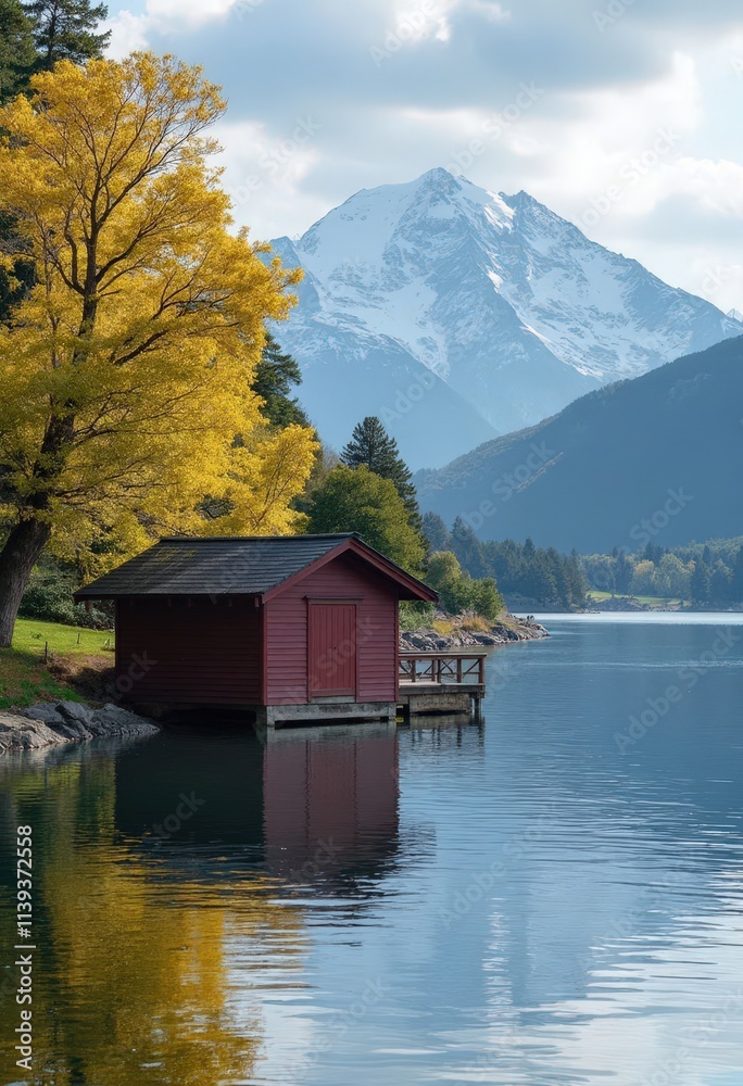 Fototapeta premium Red Lakeside Cabin, Autumn Mountain View