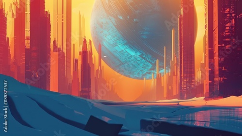 Futuristic Cityscape with a Giant Planet photo