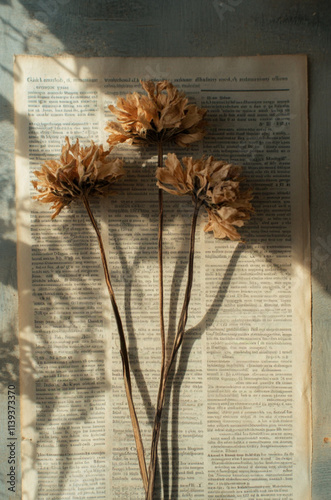 flowers dried on old german newspaper in afternoon sunlight, repetetive pattern photo