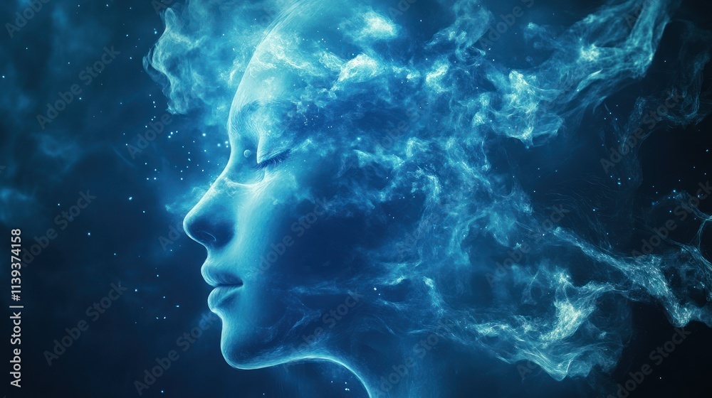 Abstract Blue Profile of a Woman Made of Smoke and Stars Abstract Blue Profile of a Woman Made of Smoke and Stars