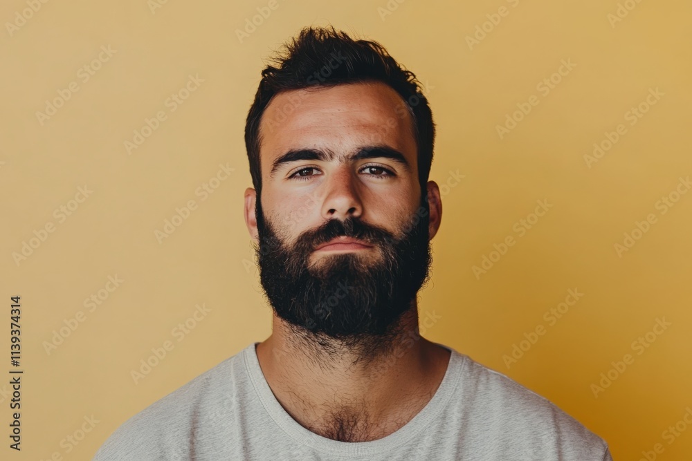 Confident Young Man with a Beard Posing Against a Yellow Background Confident Young Man with a Beard Posing Against a Yellow Background