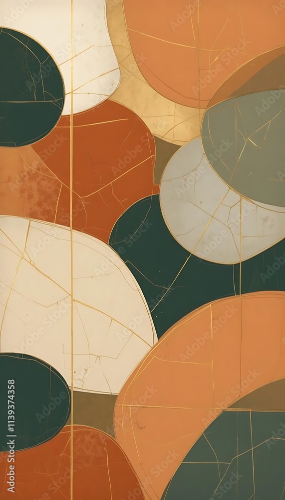 Obraz premium Abstract shapes in terracotta, sage, and cream, accented with gold lines