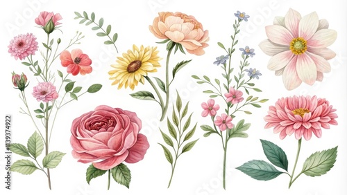 Wallpaper Mural A Collection of Delicate Watercolor Floral Elements Roses, Sunflowers, Dahlias, and More Torontodigital.ca
