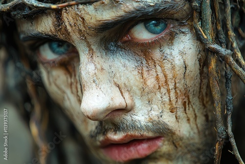 Close-up of a man with a crown of thorns and muddy face, intense expression, sorrowful eyes, and visible tears. photo