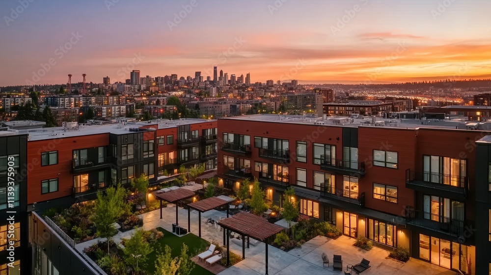 Fototapeta premium Sunset Glow Over Modern Apartment Complex with City Skyline View