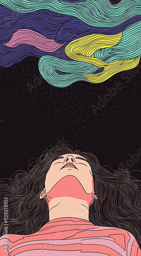 Surreal scene of a woman with flowing hair, colorful waves flowing in a peaceful night sky