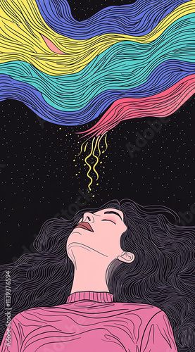 Woman with wavy dark hair lies beneath colorful energy waves in a tranquil night sky