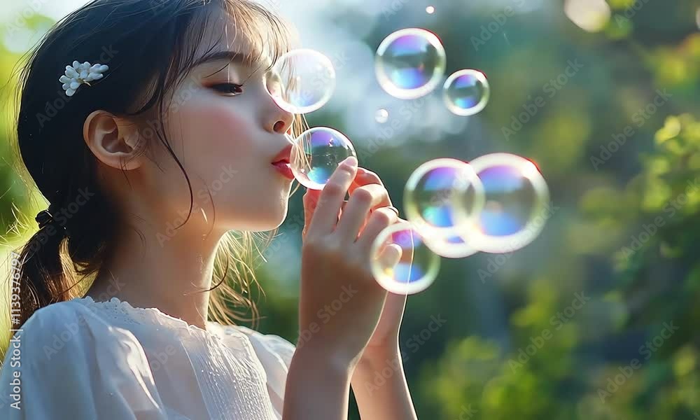 A young girl blowing bubbles in a serene outdoor setting, capturing a moment of joy. A young girl blowing bubbles in a serene outdoor setting, capturing a moment of joy.