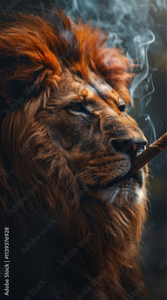 Naklejka premium a lion smoking a cigar black background