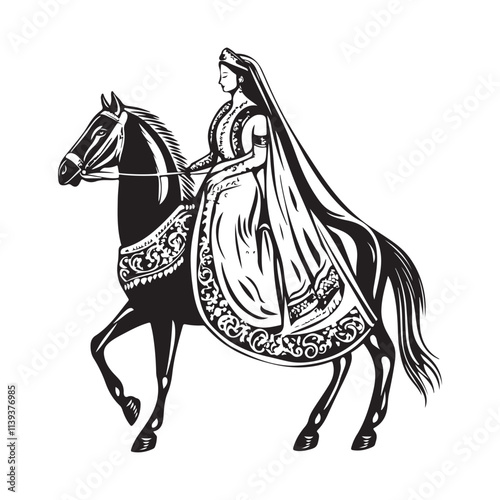 Bride  in traditional wedding attire riding a horse image vector. Bride in wedding dress riding a horse image vector photo