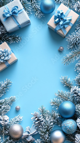 Christmas banner with gift boxes, baubles, and snowy branches with large space in middle for text. Blue ribbon bows, silver decorations on a pastel blue backdrop. Top view, plenty of room for text.
