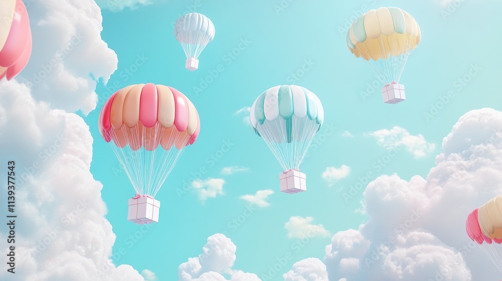 Obraz premium A Box flying on a parachute with pink cloud,vector illustration of package flying down from sky and cloud with parachute, concept for delivery service,shopping online,air delivery service.