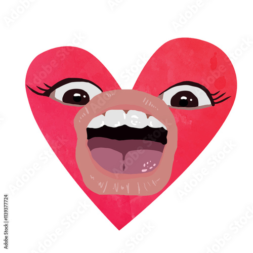 Vector freehand cute watercolor red heart with expressive face, eyes and mouth on a white isolated white background. Hand drawn watercolour drawing for Valentine's Day. Illustration.