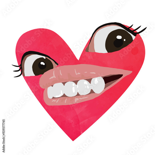 Vector freehand cute watercolor red heart with expressive face, eyes and mouth on a white isolated white background. Hand drawn watercolour drawing for Valentine's Day. Illustration.