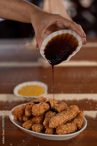 fish fried, teriaky sauce