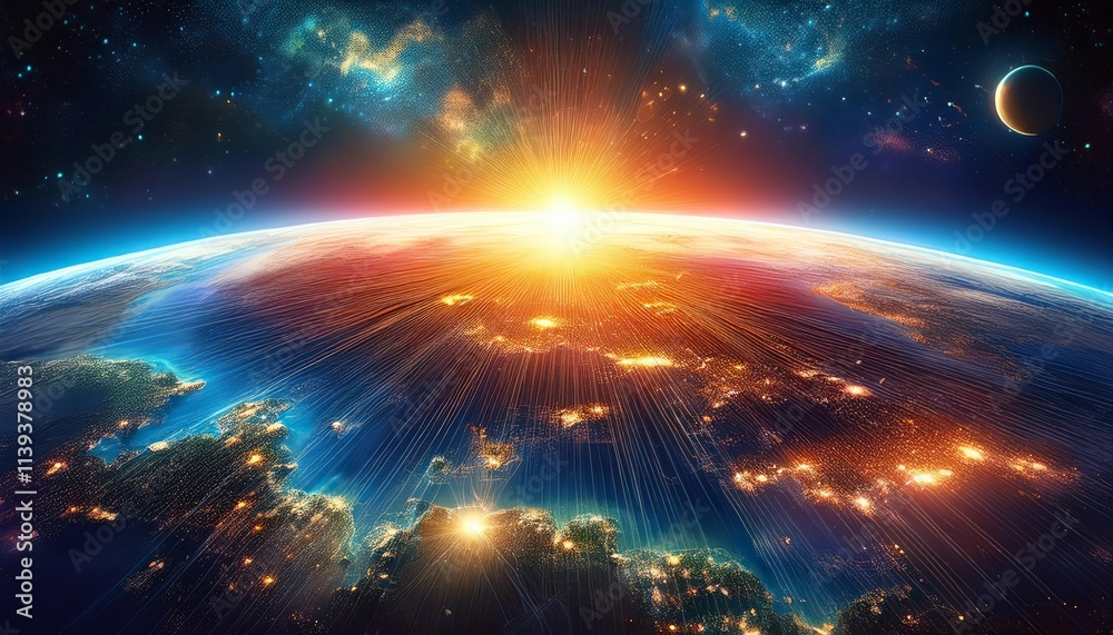 Obraz premium Earth from space with a sunrise over the horizon, surrounded by stars