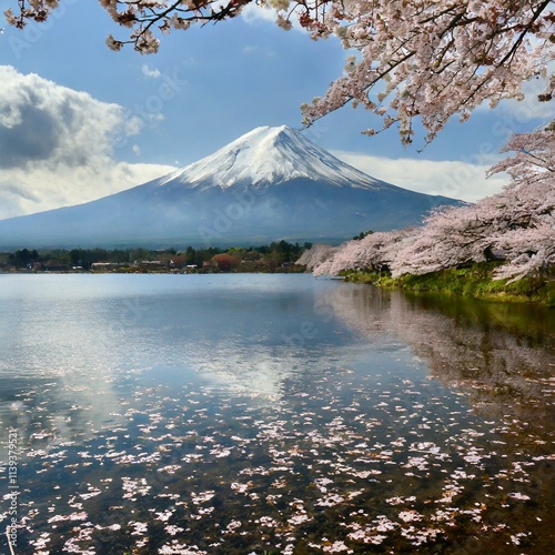 山と湖と綺麗な桜