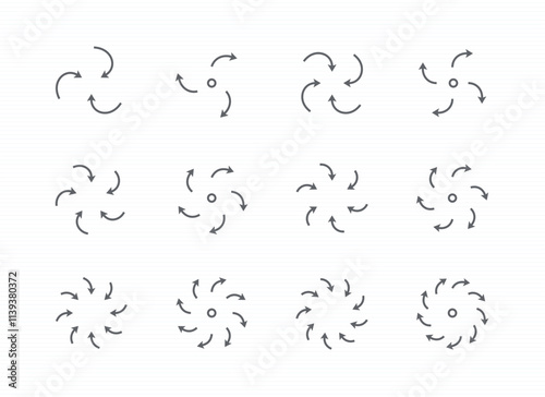 curved arrow circle inward and outward icon set. editable stroke vector illustration