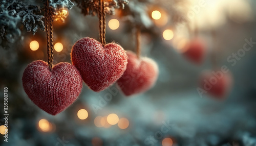 Knitted Red Hearts Christmas Ornaments on Snowy Tree Branch