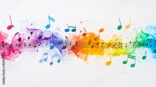 Rainbow Music: A symphony of color and sound, this vibrant watercolor illustration captures the essence of music with scattered musical notes dancing across a colorful wave.  