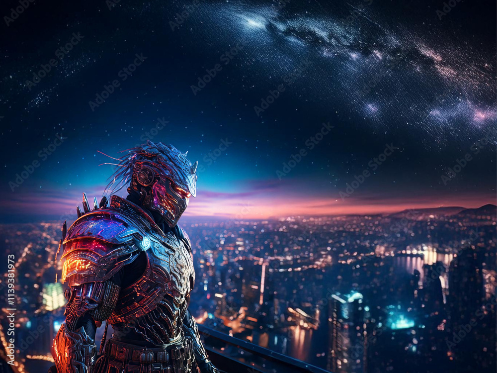 Fototapeta premium Cybernetic Warrior Overlooking a Futuristic City at Night