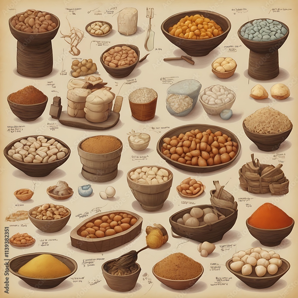 A Diverse Collection of Spices, Grains, and Nuts: An Illustrated Guide to Culinary Ingredients