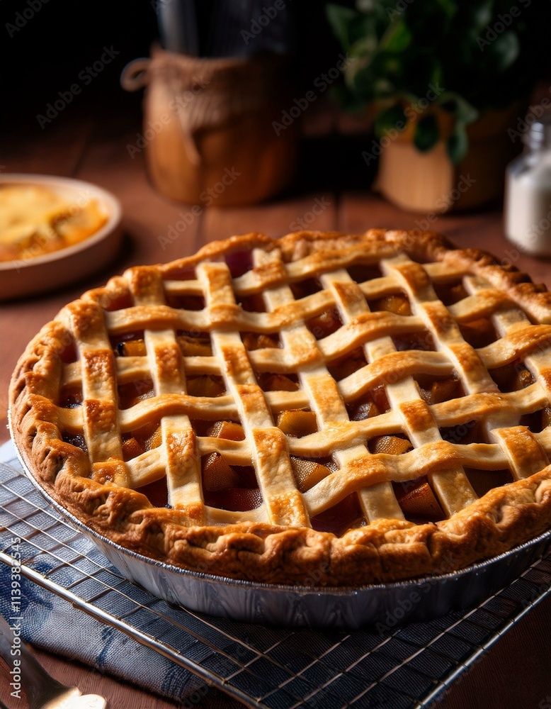 Golden-brown lattice-top pie, a delectable dessert. Golden-brown lattice-top pie, a delectable dessert.