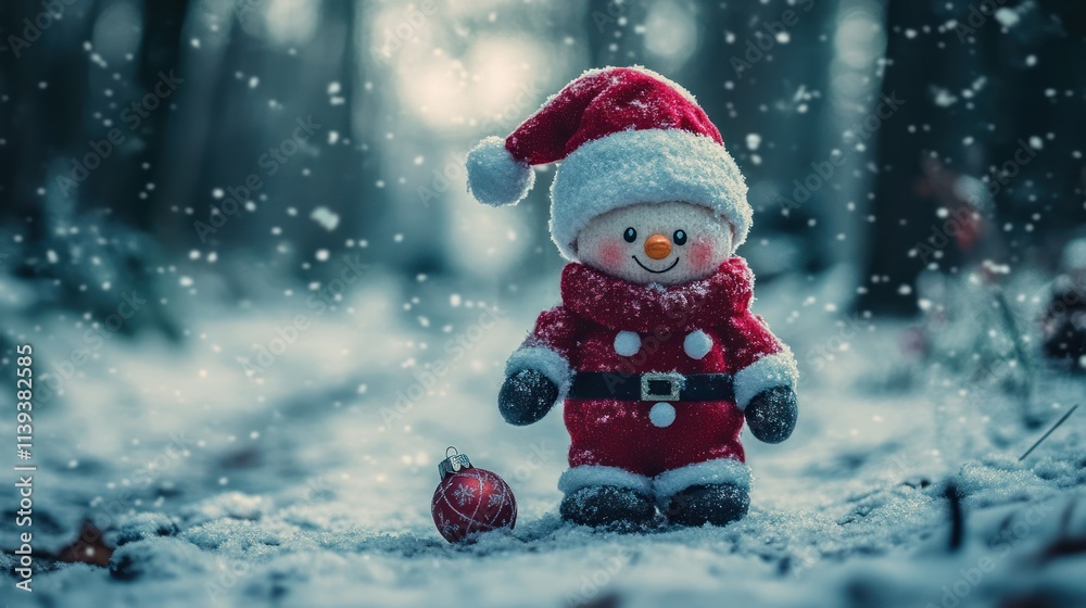 A Smiling Snowman with a Red Hat in a Snowy Forest
