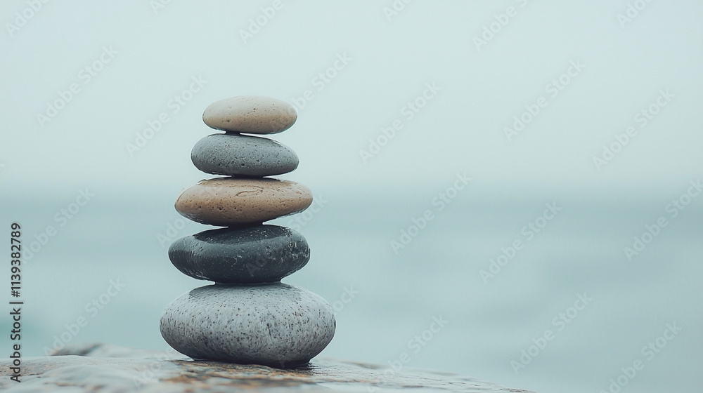Zen Stones by the Sea: A serene stack of smooth stones, carefully balanced on a weathered piece of driftwood, against the backdrop of a misty, ethereal sea. Zen Stones by the Sea: A serene stack of smooth stones, carefully balanced on a weathered piece of driftwood, against the backdrop of a misty, ethereal sea.