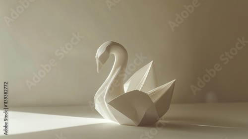 A minimalist arrangement of folded paper swans, softly lit against a neutral matte backdrop. photo