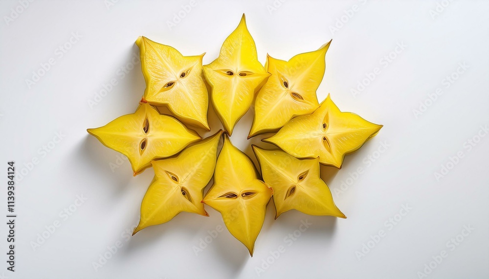 Starfruit slices arranged in a circular pattern on a white background. Starfruit slices arranged in a circular pattern on a white background.