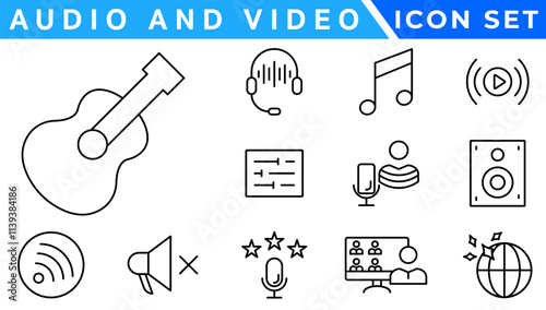 Audio and video web icons set in thin line design. Pack of camera movie, voice, radio, music streaming, photography, headphones, cinema, podcast, broadcasting, other. photo