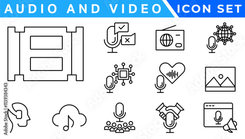 Audio and video web icons set in thin line design. Pack of camera movie, voice, radio, music streaming, photography, headphones, cinema, podcast, broadcasting, other. photo