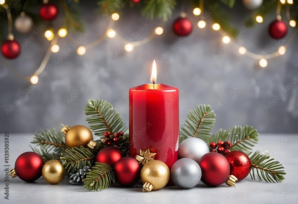 A Festive Christmas Candlelit Scene with Red and Gold Ornaments A Festive Christmas Candlelit Scene with Red and Gold Ornaments
