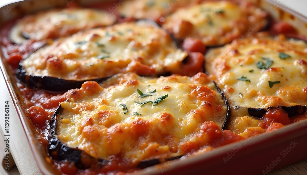 Baked Eggplant Parmesan in a Rectangular Dish with Melted Cheese