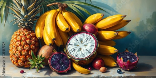 A colorful assortment of tropical fruits, including yellow and red dragon fruits, pineapples, and exotic coconuts, displayed vibrantly on a neutral background