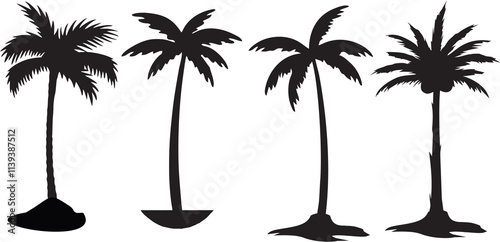 Silhouette palm trees, coconut or date trees. Easy to use for holidays beach summer vacation related poster, banner, flyer or sticker. Tourism promotional idea. High quality images on white. photo