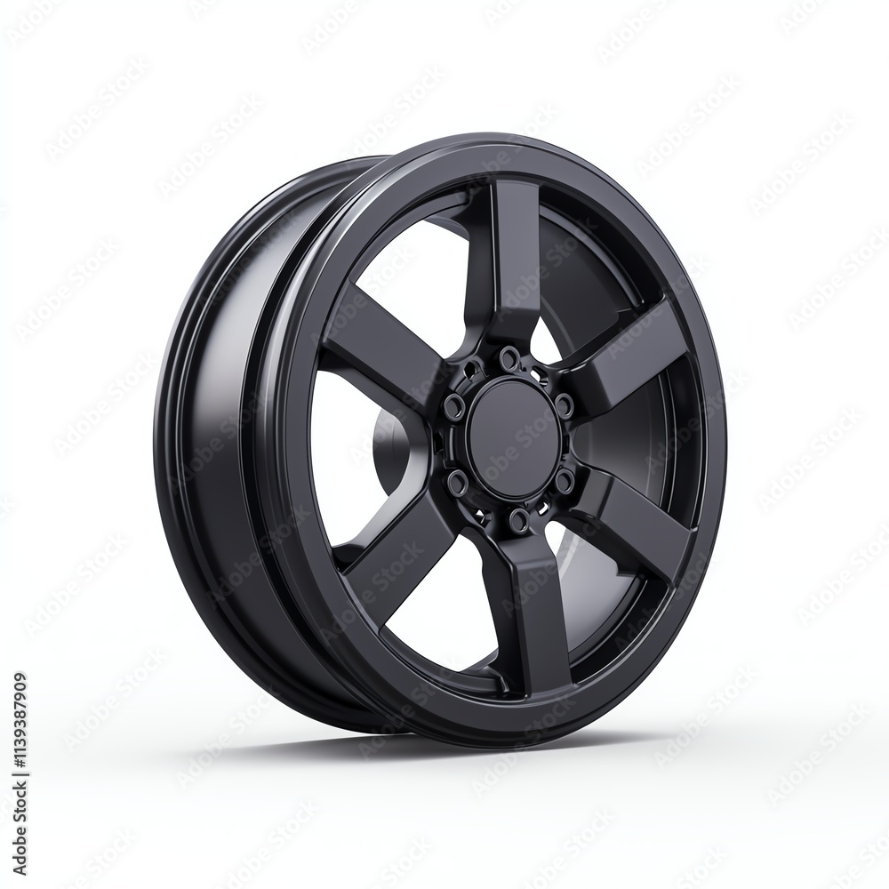 Obraz premium A sleek, modern black alloy wheel featuring a five-spoke design, ideal for enhancing the aesthetics of any vehicle.