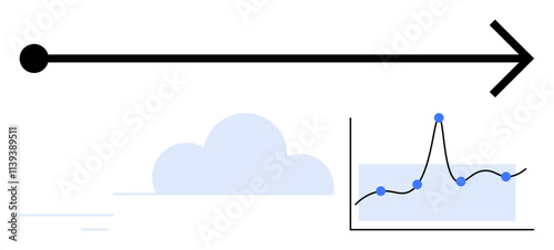 Arrow symbol with arrowhead blue cloud and line graph. Ideal for growth, direction, strategy, clarity, progress, planning, foresight. Line metaphor