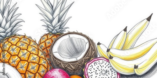 A colorful assortment of tropical fruits, including yellow and red dragon fruits, pineapples, and exotic coconuts, displayed vibrantly on a neutral background