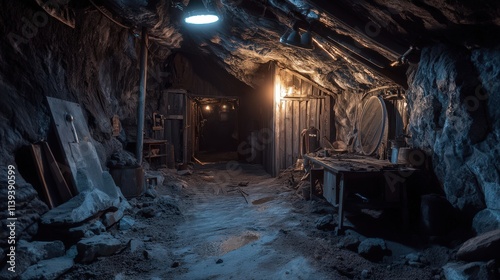 Abandoned Mine Tunnel Interior Showing Old Structures and Tools