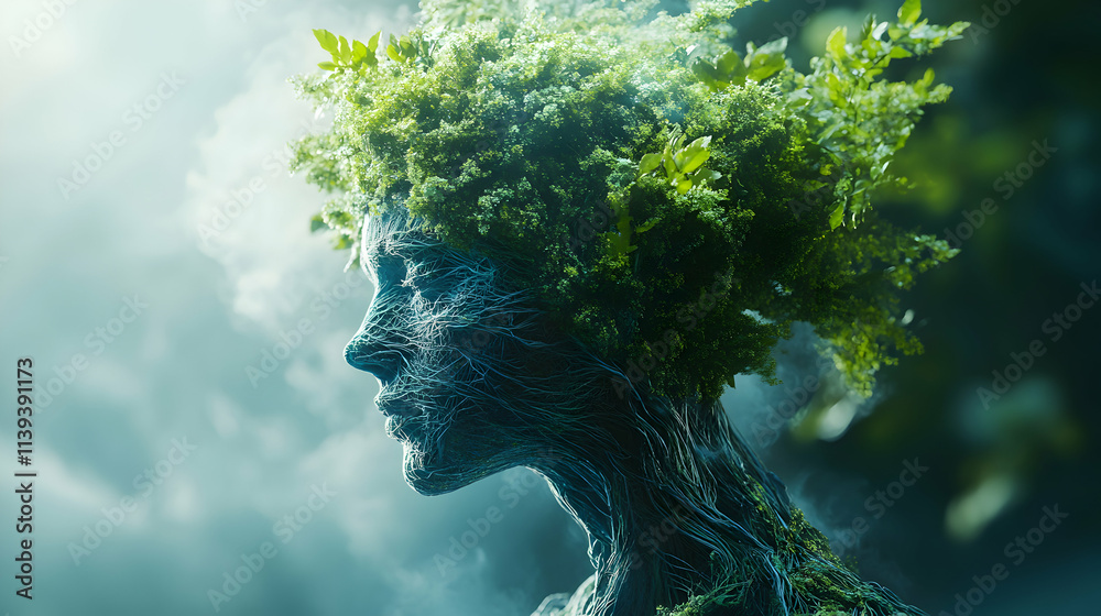 Nature's Embrace, Woman Transformed into a Mystical Tree, Growing in a Dreamlike Forest Setting