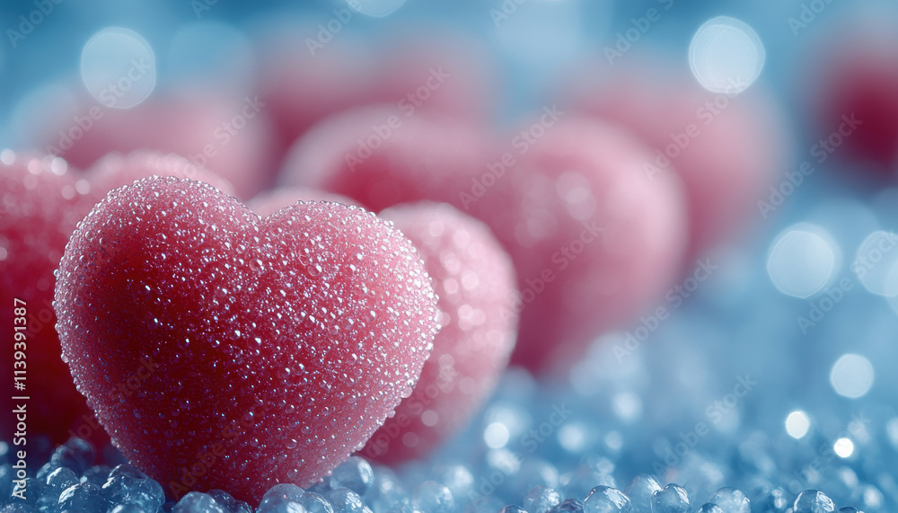 Romantic Dew Covered Hearts Valentine s Day Love Affection Pink Blue Background Romantic Dew Covered Hearts Valentine s Day Love Affection Pink Blue Background