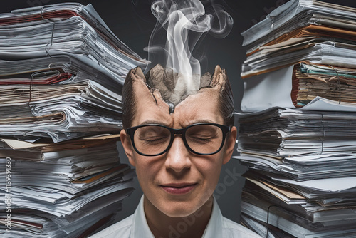 A figure with smoke coming out of their head, surrounded by stacks of paperwork, symbolizing mental exhaustion photo