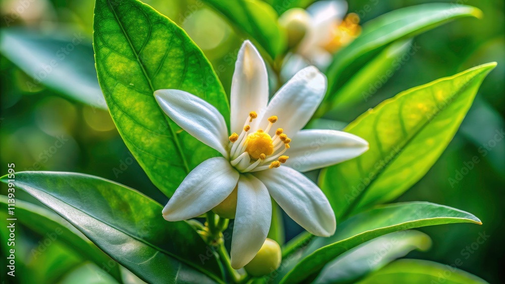 Obraz premium Close-Up of White Citrus Flower on Lemon Tree - Fresh Blossoms, Citrus Aromas, Natural Beauty, Botanical Photography, Floral Aesthetics, Organic Growth, Greenery, Lemon Blossom Detail