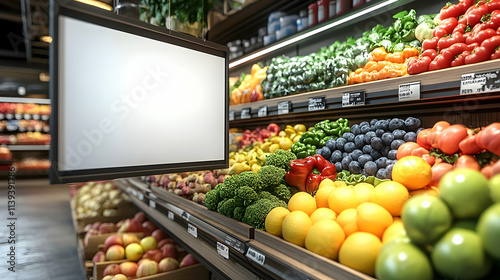 Vibrant Produce Display in Grocery Store with Blank Sign