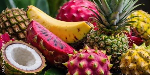 A colorful assortment of tropical fruits, including yellow and red dragon fruits, pineapples, and exotic coconuts, displayed vibrantly on a neutral background photo