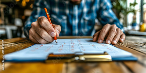 Person Checking Items Off a Checklist at a Table photo